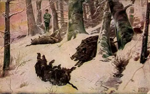 Künstler Ak Fromme Ludwig, Jäger, Wildschweine, Schnee, Wildschweinjagd