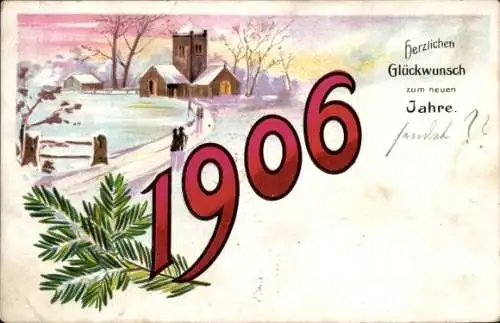 Ak Glückwunsch Neujahr, Jahreszahl 1906, Winterlandschaft, Kirche