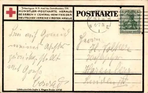 Künstler Ak Soldaten bei der Paketausgabe, I. WK, Postkutsche, Rotes Kreuz