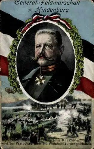 Ak Generalfeldmarschall Paul von Hindenburg, Portrait, Russische Kavallerie wird zurückgetrieben