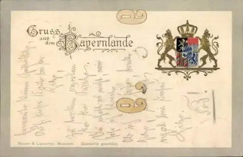 Präge Wappen Litho Gruß aus dem Bayernlande, Löwen, Krone