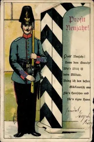 Litho Glückwunsch Neujahr, Soldat Wache haltend, Gewehr, Uniform