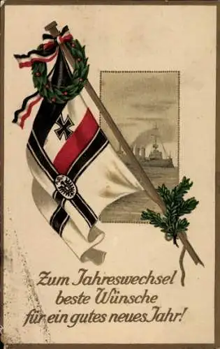 Ak Zum Jahreswechsel beste Wünsche, Flagge, Kranz