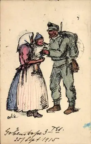 Künstler Ak Orlik, Emil, Soldat in Uniform, Frau mit Kind auf dem Arm