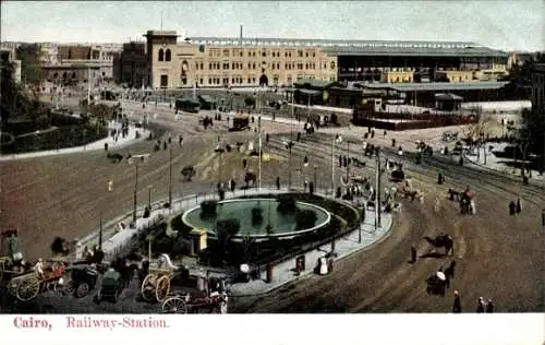 Ak Cairo Kairo Ägypten, Railway station, gare, Blick auf Bahnhof, Straßenseite