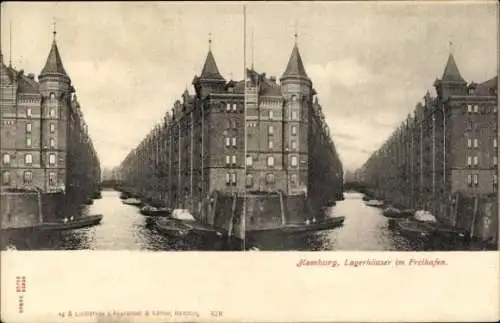 Stereo Ak Hamburg Mitte Altstadt, Ansicht der Lagerhäuser im Freihafen