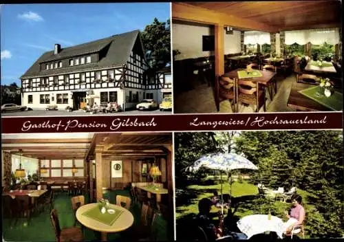 Ak Langewiese Winterberg im Sauerland, Gasthof Pension Gilsbach, Fachwerkhaus, Gastraum, Garten