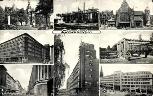 Ak Gelsenkirchen, Stadtgarten, Bahnhof, Sparkasse, Rathaus, Hans Sachs Haus, Hochöfen, Kaufhaus