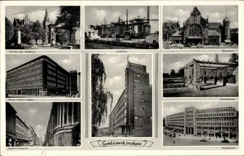 Ak Gelsenkirchen, Stadtgarten, Bahnhof, Sparkasse, Rathaus, Hans Sachs Haus, Hochöfen, Kaufhaus