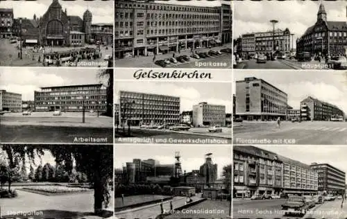 Ak Gelsenkirchen im Ruhrgebiet, Stadtgarten, Sparkasse, Hauptpost, Hauptbahnhof, Arbeitsamt