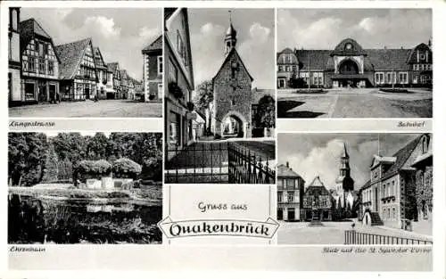 Ak Quakenbrück in Niedersachsen, Ehrenhain, St. Sylvester-Kirche, Bahnhof, Langestrasse