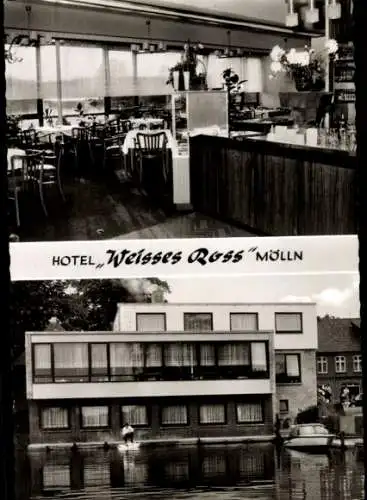 Ak Mölln im Herzogtum Lauenburg, Hotel Weißes Ross, Gastraum, Tresen, Außenansicht, Boot