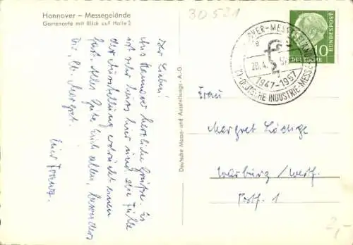 Ak Hannover in Niedersachsen, Messegelände, Gartencafe, Halle 3, Fontäne, Brücke