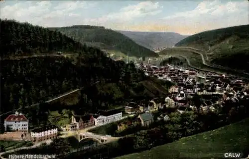 Ak Calw, Blick zum Ort und Höhere Handelsschule