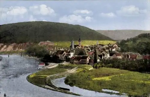 Ak Neckargemünd, Stadtansicht, Flusspartie, Glockenturm, Wiesen