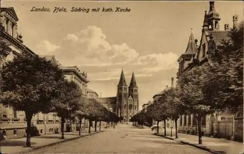 Ak Landau an der Isar in Niederbayern, Südring mit katholischer Kirche