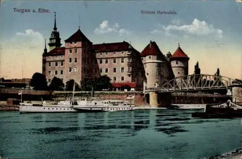 Ak Torgau Elbe, Schloß Hartenfels, Brücke, Schiffe