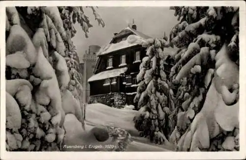 Ak Wildenthal Eibenstock im Erzgebirge, Winterzauber, Durchblick zum Unterkunftshaus