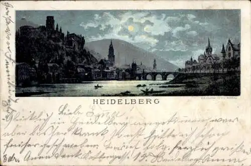 Mondschein Litho Heidelberg am Neckar, Panorama, Neckarbrücke, Schloss