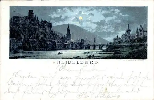 Mondschein Litho Heidelberg am Neckar, Panorama, Neckarbrücke, Schloss