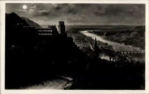 Ak Heidelberg am Neckar, Teilansicht, Schloss, Blick vom Wolfsbrunnenweg, Mondschein