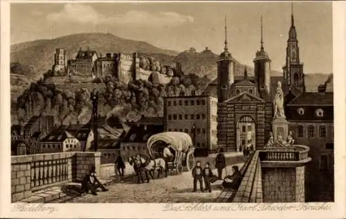 Künstler Ak Chapuy, Heidelberg am Neckar, Blick auf Schloss und Karl Theodor Brücke