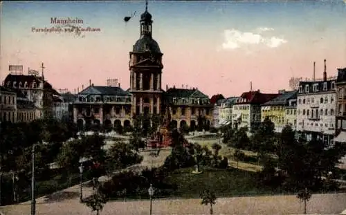 Ak Mannheim, Paradeplatz, Kaufhaus mit Brunnen, Denkmal