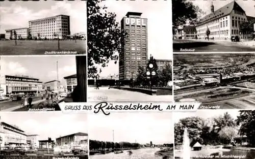 Ak Rüsselsheim am Main Hessen, Rathaus, Krankenhaus, Bahnhofsplatz, Musiktempel, Opelwerke