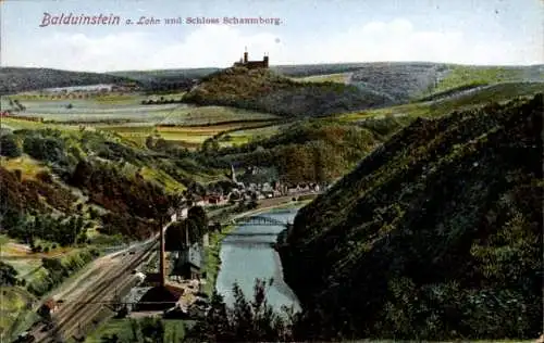 Ak Balduinstein an der Lahn, Schloss Schaumburg, Brücke, Gleise