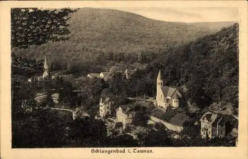 Ak Schlangenbad im Taunus Hessen, Teilansicht, Kirche, Wald