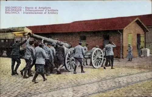 Ak Thessaloniki Griechenland, Grosse Artillerie, Soldaten mit einem Geschütz auf Rädern