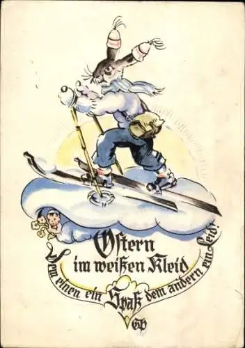 Künstler Ak Plischke, Georg, Glückwunsch Ostern, Osterhase auf Skiern