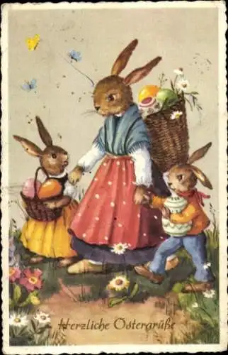 Ak Glückwunsch Ostern, Vrolijk Paasfeest, Osterhasen, Mutter mit Kindern, Ostereier, Schmetterlinge