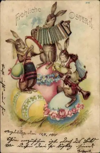 Litho Glückwunsch Ostern, Osterhasen, Ostereier, Tamburin, Akkordeon, Dudelsack