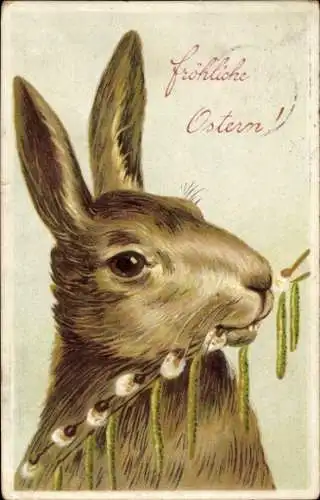 Präge Ak Glückwunsch Ostern, Osterhase, Weidenkätzchen