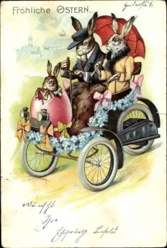 Litho Glückwunsch Ostern, Vermenschlichte Osterhasen, Familie im Automobil