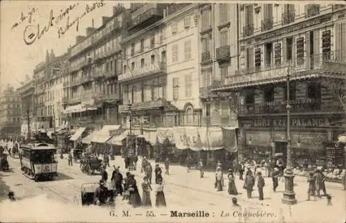 Ak Marseille Bouches du Rhône, Cannebière, Straßenbahn