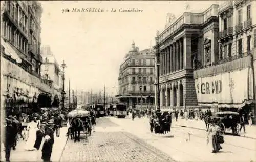 Ak Marseille Bouches du Rhône, Gesamtansicht von La Cannebière, Straßenbahn