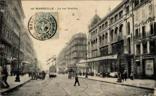 Ak Marseille Bouches du Rhône, Rue Noailles, Straßenbahn