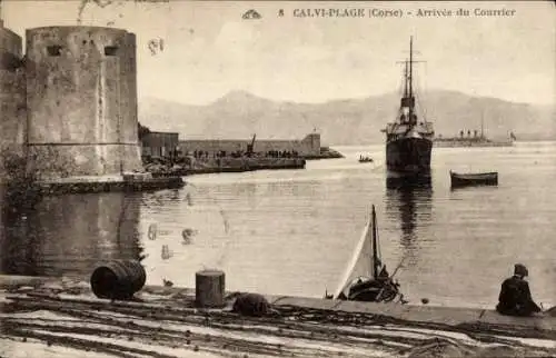 Ak Calvi Plage Haute Corse, Hafen, Arrivee du Courrier