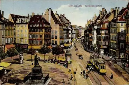 Ak Strasbourg Straßburg Elsass Bas Rhin, Gutenbergplatz, Straßenbahn