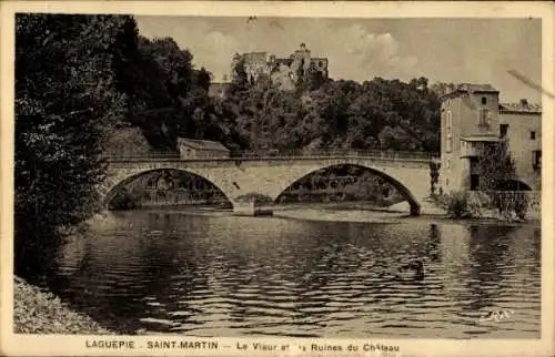 Ak Laguépie Tarn et Garonne, Saint Martin, Viaur, Burgruine, Brücke