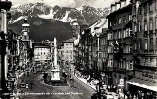 Ak Innsbruck in Tirol, Maria-Theresienstraße, Annasäule, Nordkette, Kaufhaus