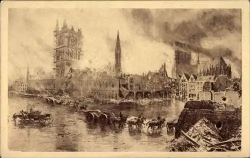 Ak Ypres Ypern Westflandern, Les Halles aux draps, Kathedrale St. Martin, englische Artillerie