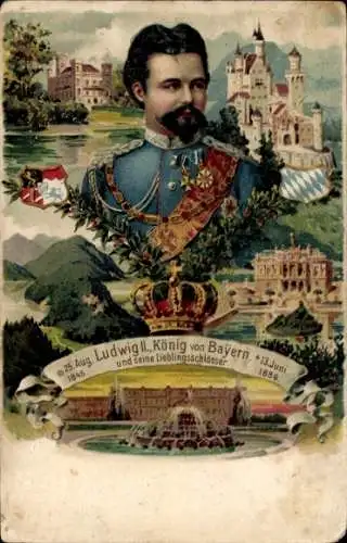 Litho König Ludwig II von Bayern mit Schlössern, Neuschwanstein, Herrenchiemsee, Linderhof