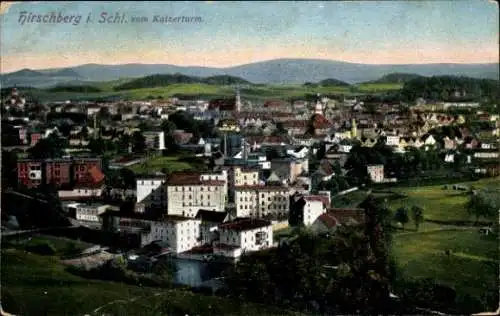 Ak Jelenia Góra Hirschberg Riesengebirge Schlesien, Gesamtansicht, Blick vom Kaiserturm