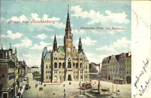 Ak Liberec Reichenberg in Böhmen, Altstädter Platz, Rathaus, Straßenbahnen