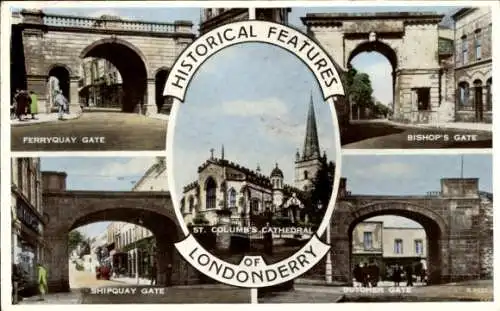 Ak Derry Londonderry Nordirland, Ferryquay Gate, Bishop's Gate, Shipquay Gate, Kathedrale