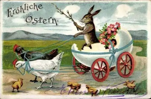 Litho Glückwunsch Ostern, Hühner ziehen Hase in einer Eierkutsche