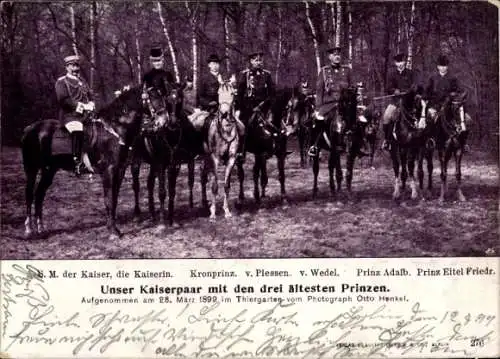 Ak Kaiser Wilhelm II., Kaiserin Auguste Viktoria, Kronprinz, Adalbert, Eitel Friedrich, Pferde